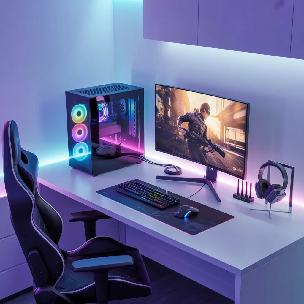 a photorealistic gaming setup showcasing aiWFrSGKRrOo GrprZKDMw IJ7PRVhvRjCZfYhr4YXr g sd