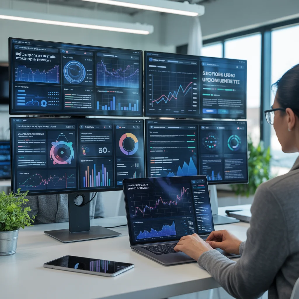 ideogram v3.0 Create a modern and realistic image showing a person or team analyzing digital t 0