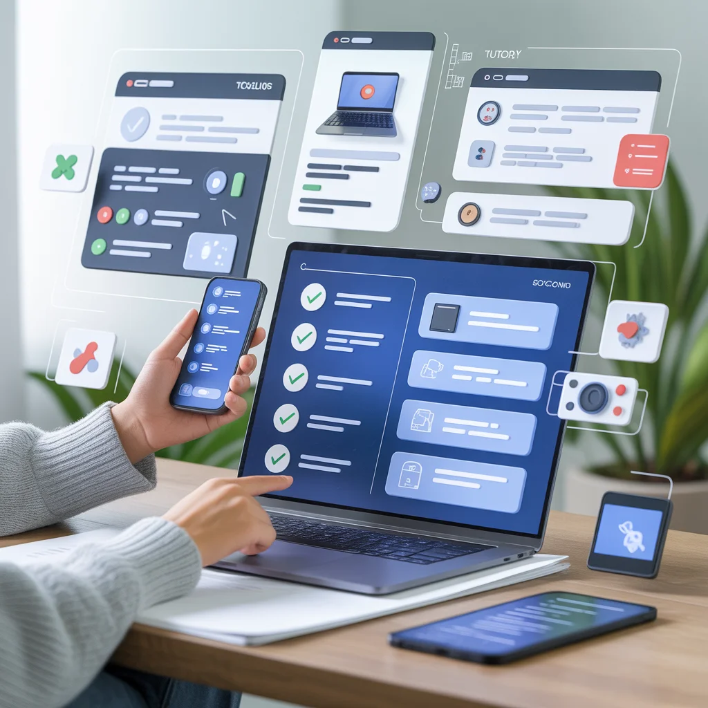 ideogram v3.0 Create a realistic and modern illustration showing a person interacting with mul 0