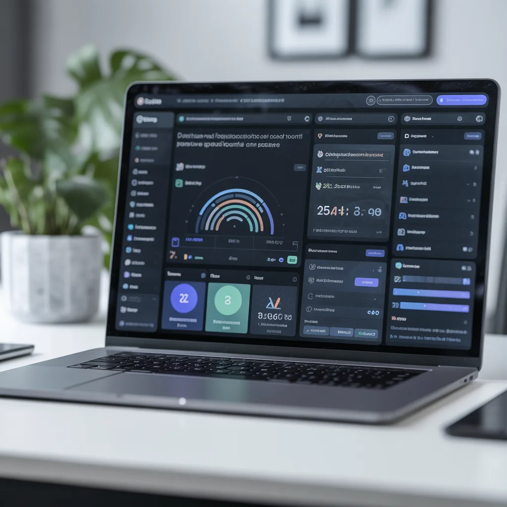 ideogram v3.0 Create a realistic workspace scene showing a laptop screen with multiple softwar 0