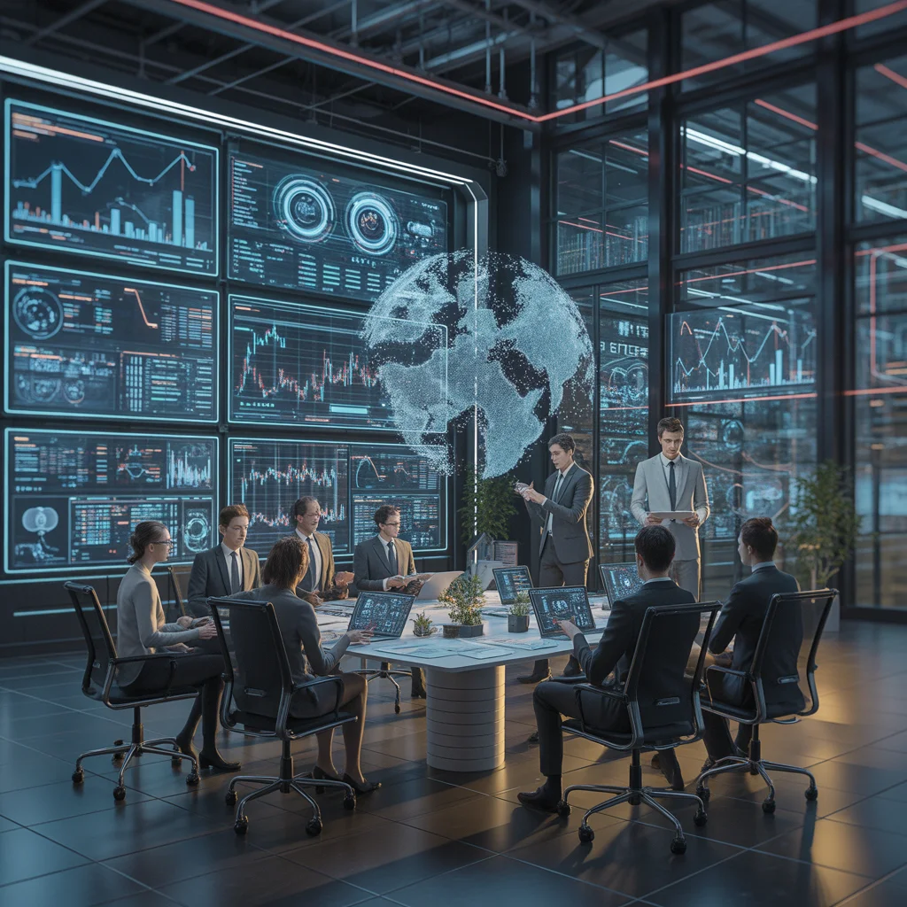 ideogram v3.0 Futuristic business environment powered by tech trends gfxprojectality AI driven 0