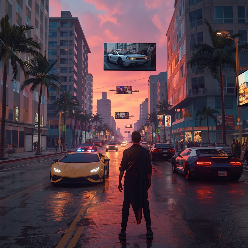 lucid origin Create a cinematic GTA 6 inspired scene showing a vibrant modern Vice City at su 0