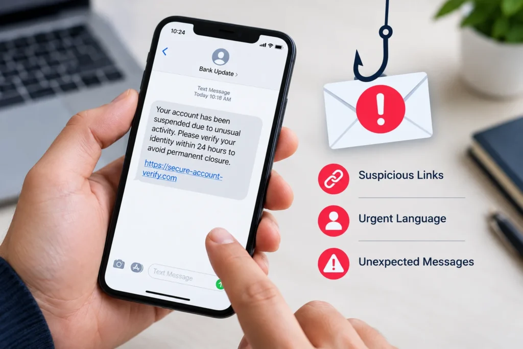 Smartphone displaying a suspicious phishing message with warning signs for identifying online scams