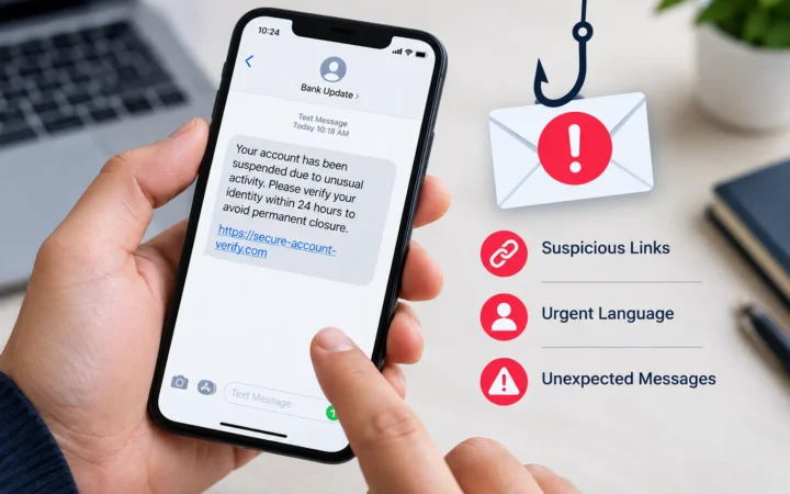 Smartphone displaying a suspicious phishing message with warning signs for identifying online scams