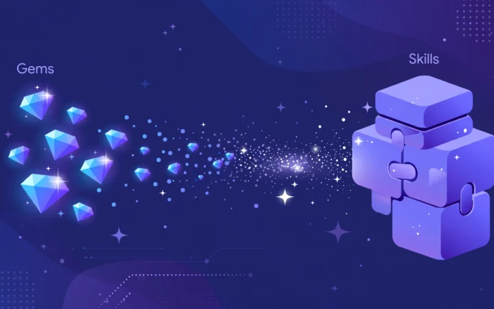 Illustration showing Google's Gemini Gems being replaced by modular Skills blocks