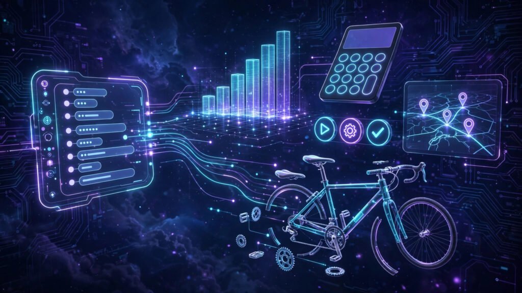 Futuristic ChatGPT interface transforming chat replies into interactive charts, calculator, map and diagram widgets