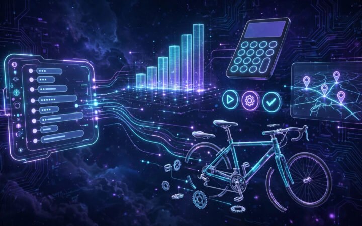 Futuristic ChatGPT interface transforming chat replies into interactive charts, calculator, map and diagram widgets