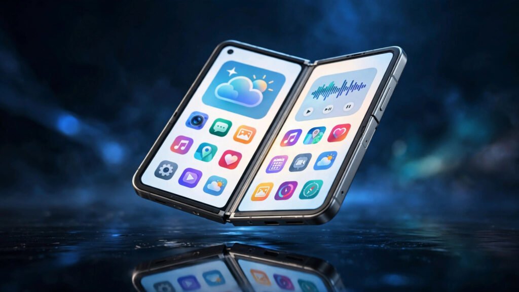 Apple iPhone Duo foldable iPhone half-open showing the large inner display with app icons