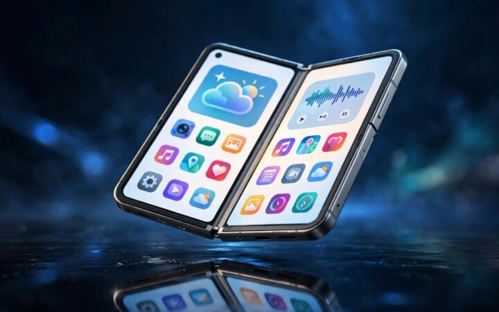 Apple iPhone Duo foldable iPhone half-open showing the large inner display with app icons