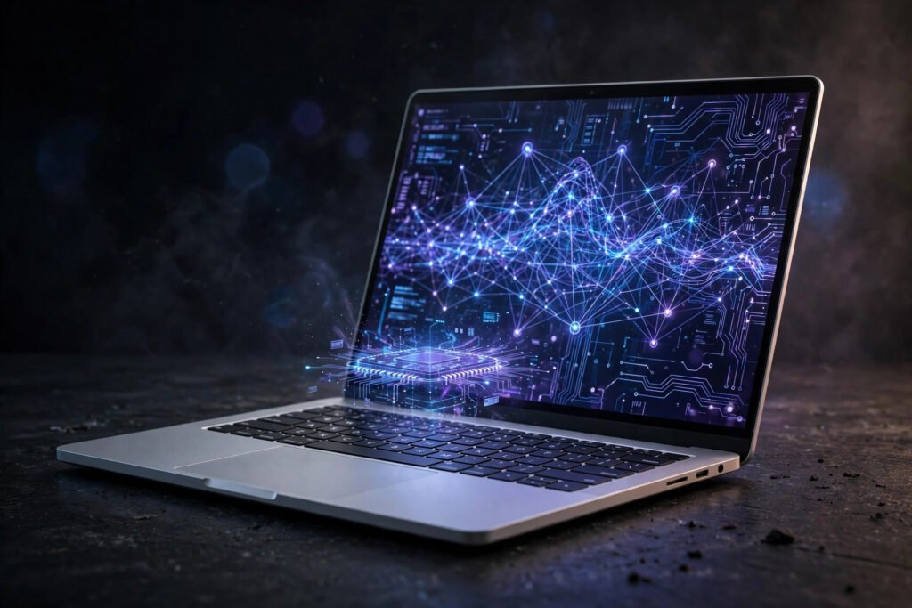 Surface Laptop Ultra in platinum on a desk showing a local AI code editor with a glowing RTX Spark chip emblem floating above