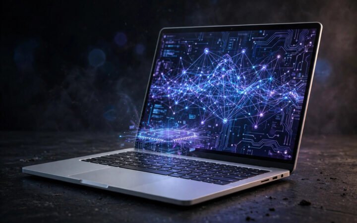 Surface Laptop Ultra in platinum on a desk showing a local AI code editor with a glowing RTX Spark chip emblem floating above