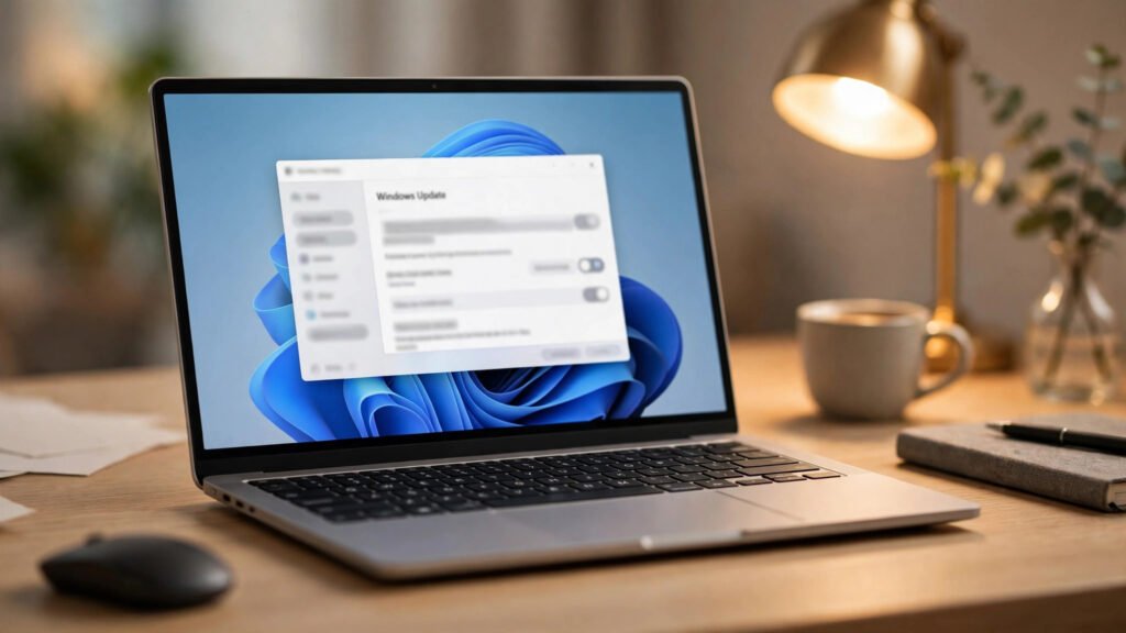 Laptop showing a Windows 11 desktop with Windows Update settings open