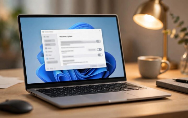 Laptop showing a Windows 11 desktop with Windows Update settings open